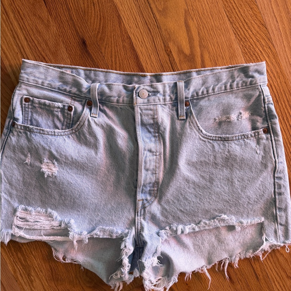 Distressed Light Blue Denim Shorts